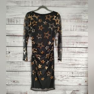 Vince Camuto Black Sequined Stars Mesh Bodycon Dress Sz 6